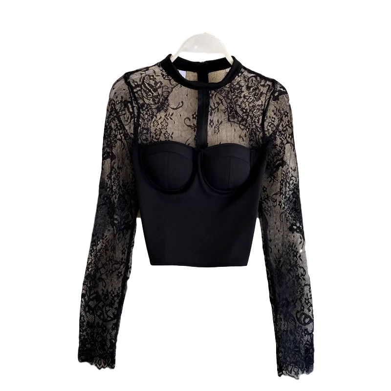 

Autumn New Style Lace Hollow Top Women's Round Neck Hanging Neck Net Yarn Chain Link Stitching Long-sleeved Short Top UK317