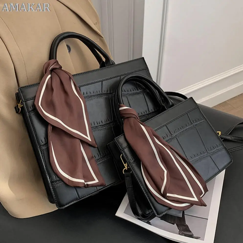 

Stone pattern Ribbon Tote bag 2021 New High-quality PU Leather Women's Designer Handbag High capacity Shoulder Messenger Bag