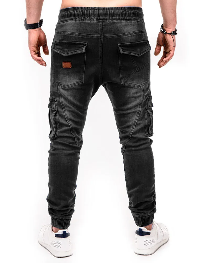 

Men Multi-pocket Skinny Jeans Blue Slim Casual Pencil Pants Bag Pocket Street Wear 2021 High Quality Men's Jeans