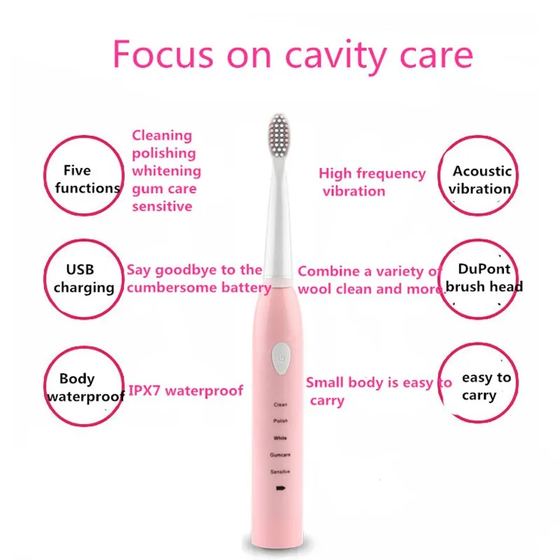 Водонепроницаемая электрическая зубная щетка USB перезаряжаемая звуковая