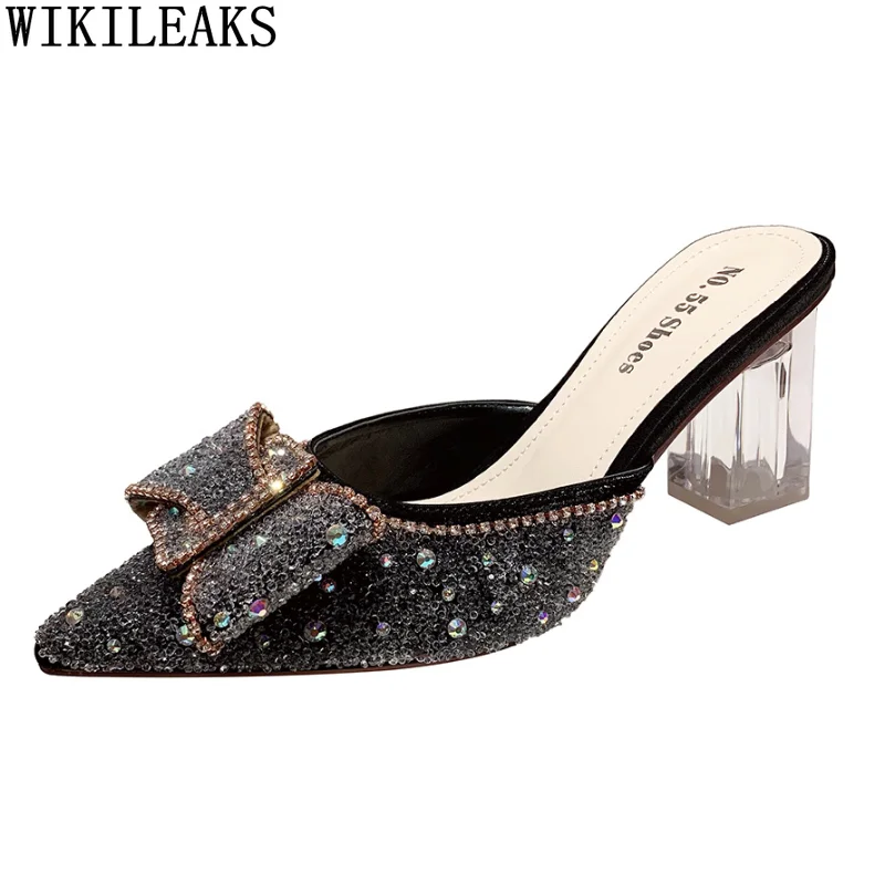 

Ladies Slippers Woman Pumps Slippers Women Summer 2021 Mules Shoes Women Butterfly Knot High Heels Woman Slippers Transparent