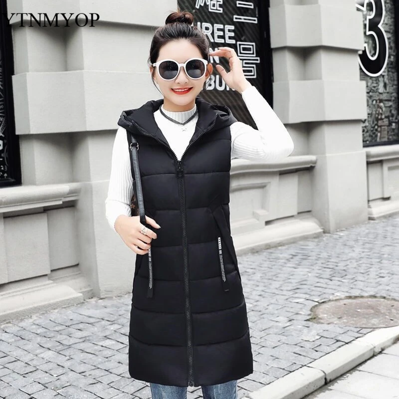 

YTNMYOP Thick Warm Waistcoat Women Solid Black Hooded Long Vest Female Zipper Cotton Padded Jacket Coat Sleeveless S-3XL
