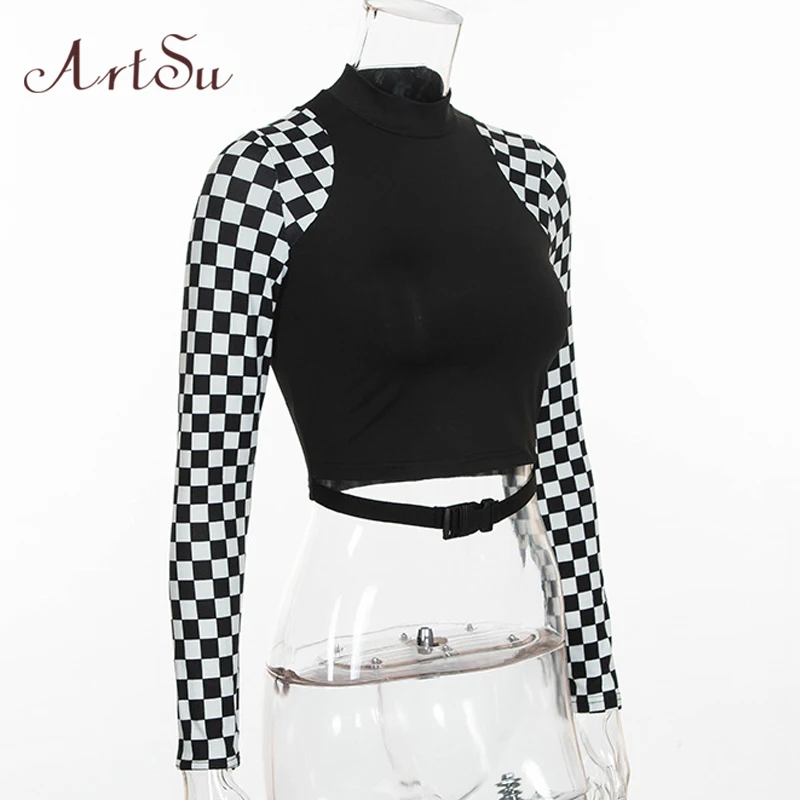 ArtSu Checkerboard короткий топ с длинными рукавами, водолазка с пряжкой, Футболка женская Harajuku, футболка, клетчатая забавная футболка ASTS60396