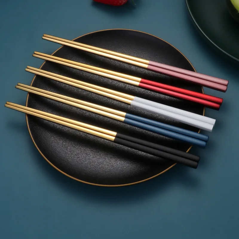 

1 Pair Stainless Steel Chopsticks Silver Gold Multicolor Non-Slip Tableware Dishwasher Safe Dinnerware Portable Reusable Cutlery