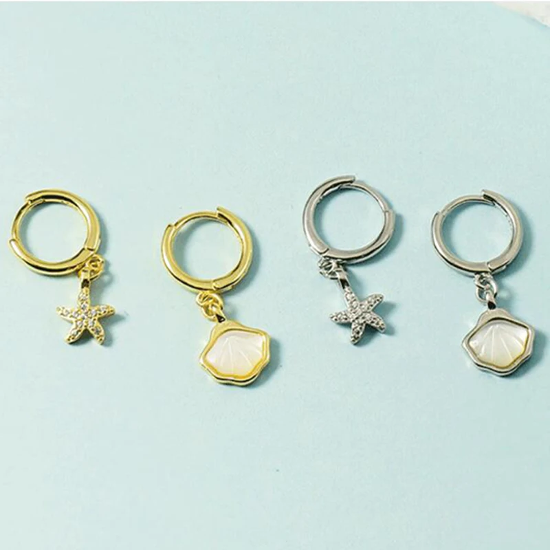 

KOFSAC Sweet Cute Starfish Shell Hoop Earrings For Women Asymmetry 925 Sterling Silver Earring Jewelry Romantic Girl Friend Gift