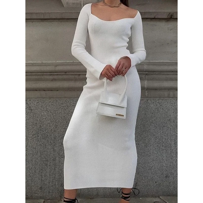 

Women Sexy Dress 2021 New Solid Color Pullover Off-shoulder Knitted Slim Mid-length Sweater Casual Long Sleeve Sweaters Dresses