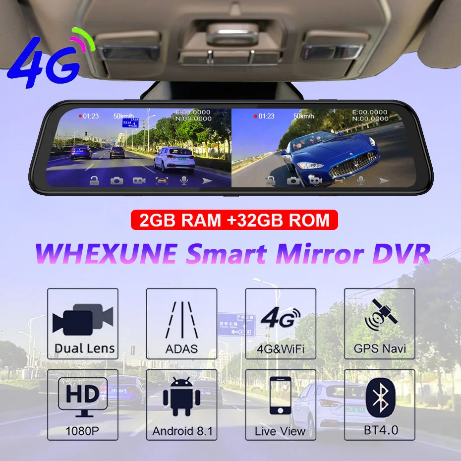 Зеркало заднего вида WHEXUNE 12 дюймов 4G ADAS Android 8 1 FHD 1080P видеорегистратор с двумя