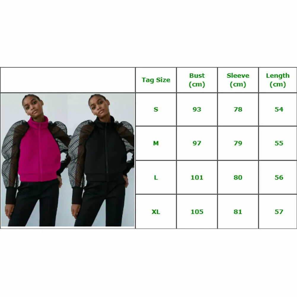 

Women Sheer Mesh Long Puff Sleeve Hoodies Casual Autumn Winter Ladies Zipper Coat Sweatshirts Stand Collar Jackets Women Fashion