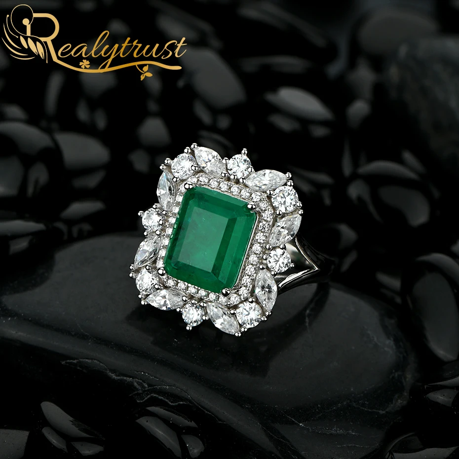 Realytrust 9*11mm Created Colombia Emerald Diamond Ring for Women Genuine 925 Sterling Silver Jewelry Wedding Party Rings Gift