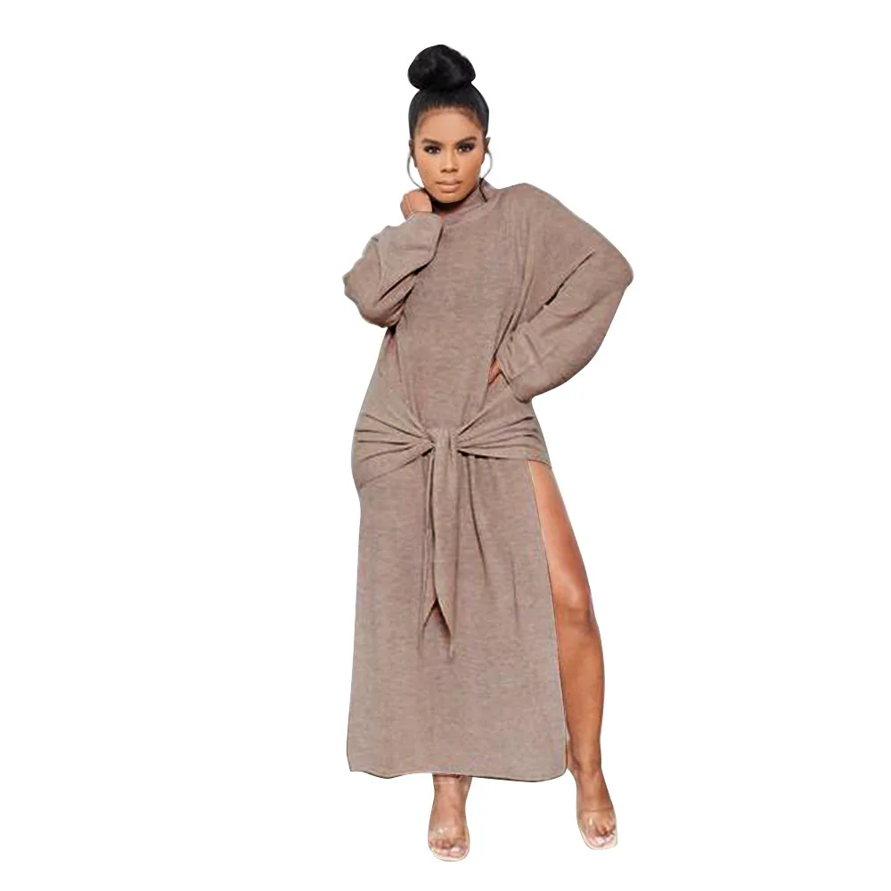 

Autumn Winter New Women Party Dress 2020 Newest Long Sleeves High Neck Side Split Fashion Ladies Long Dress with Sash