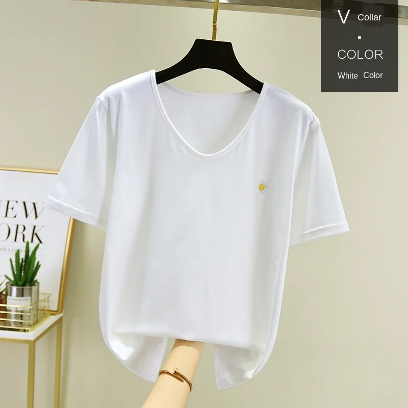 

Summer Daisy print T shirt women Short-Sleeved Female Cotton V-neck Solid Color Top Loose plus Size Casual Base tShirts