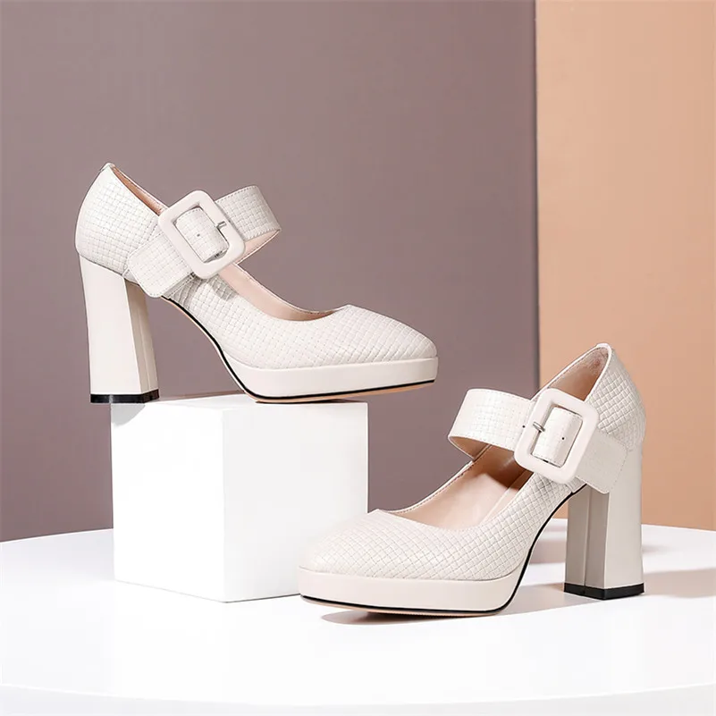 

Meotina Women Shoes Genuine Leather Platform Extreme High Heels Buckle Strap Chunky Heel Pumps Female Footwear Spring Beige 40