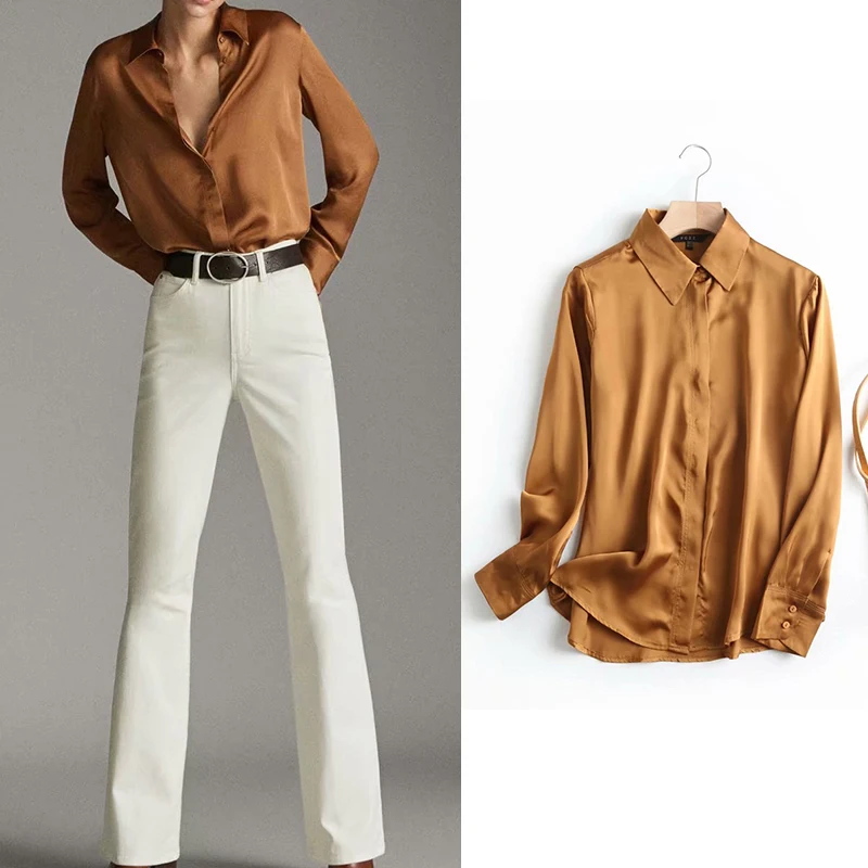 

2021 Za Shirt Women Silk Casual Office Wear Blouse Solid Satin Elegant Womens Tops and Blouses Chic Retro Ropa Mujer
