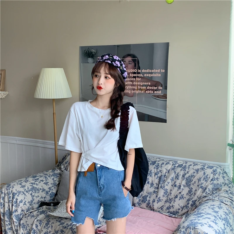 

2937 women Korean loose solid color irregular short round neck pullover short sleeve T-shirt