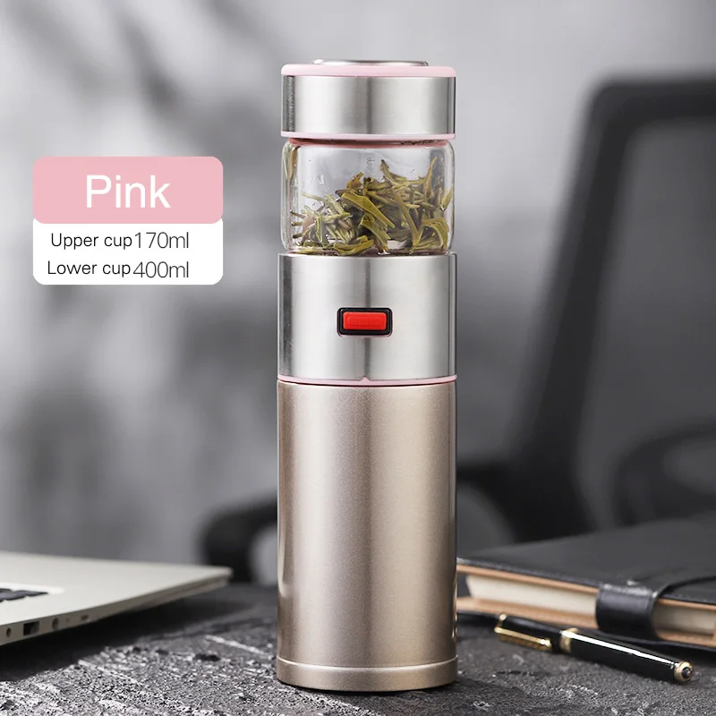 Pink ONEISALL 570ml Stainless Steel Thermos Bottle Thermocup Tea Vaccum Flasks Christmas Gift Thermal Mug With Tea Insufer For Office - Color: Pink