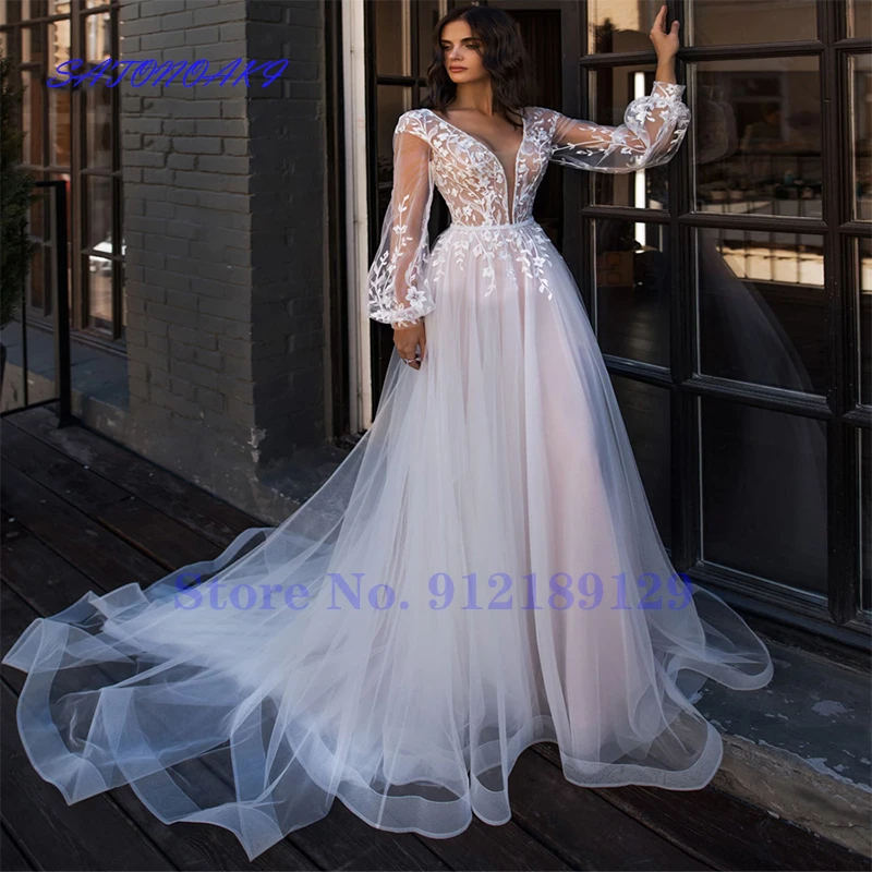 

Vestido De Novia Boho Deep V Neck Lantern Sleeve Wedding Dress Lace Appliques Tulle A-line Long Train Princess Bride Gowns Robe