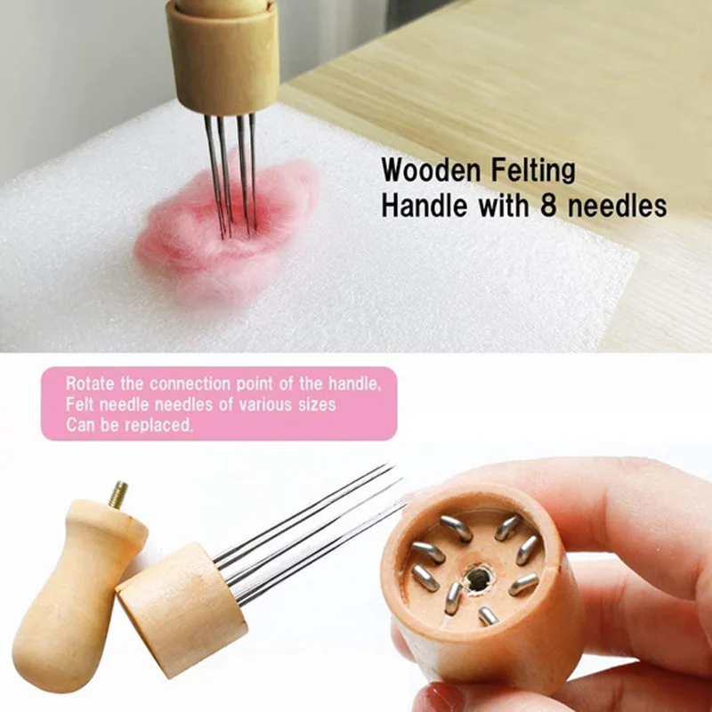 

LMDZ DIY Wool Felting Eight Needles Tool Craft Needle Felting Stitch Punch Tool with Solid Wood Handle With Finger Cots Foam Mat
