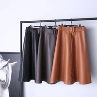 spring autumn new designer womens high rise leather skirts sheepskin genuine leather a line skirt c147
