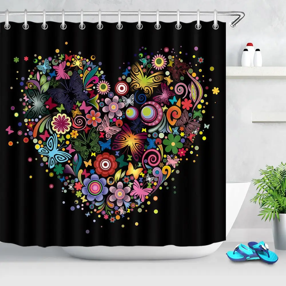 

Heart-shaped Plant Flowers Leaves Creative Shower Curtain Valentine's Day Bath Curtain Fabric Waterproof Bathroom Curtains