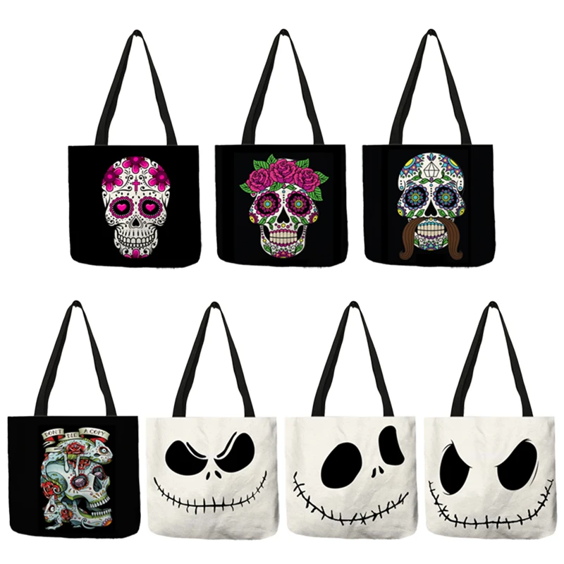 

Latest Design Lady Handbag Halloween Scary Smile Flower Skull Eco Linen Practical Women Tote Bags Torebki Damskie