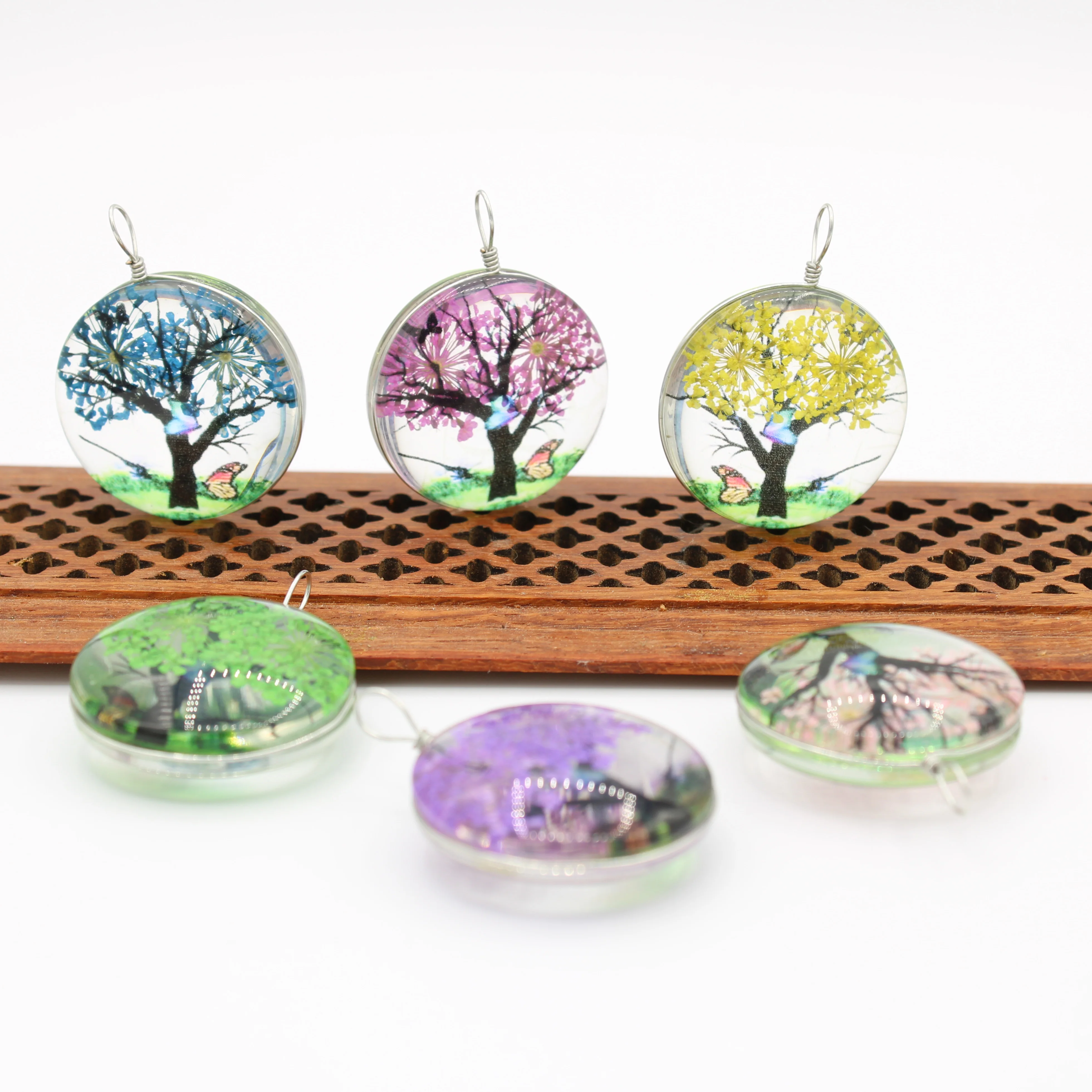 Круглый Стеклянный кулон натуральный цветок образец брелок ожерелье серьги