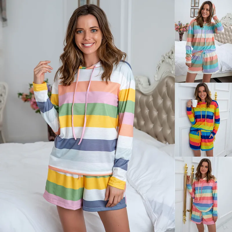 

2021 Spring Autumn Women Pajamas Sets Long Sleeve Hooded Top & Shorts Suit Sleepwear Female Stripe Printing Homewear