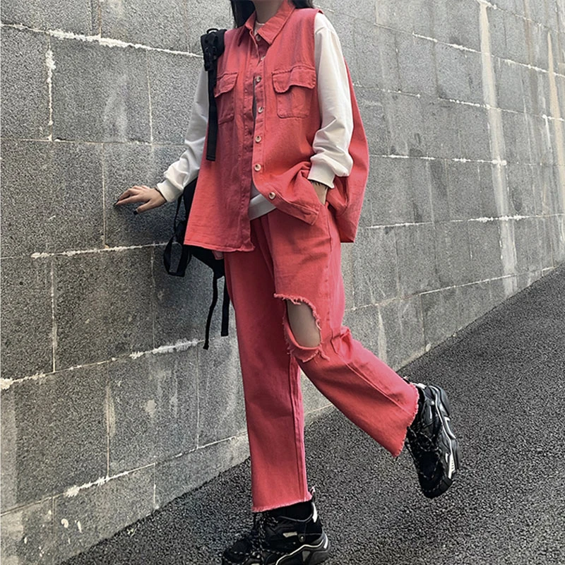 Женский джинсовый костюм спортивный из двух предметов топ и штаны свободного