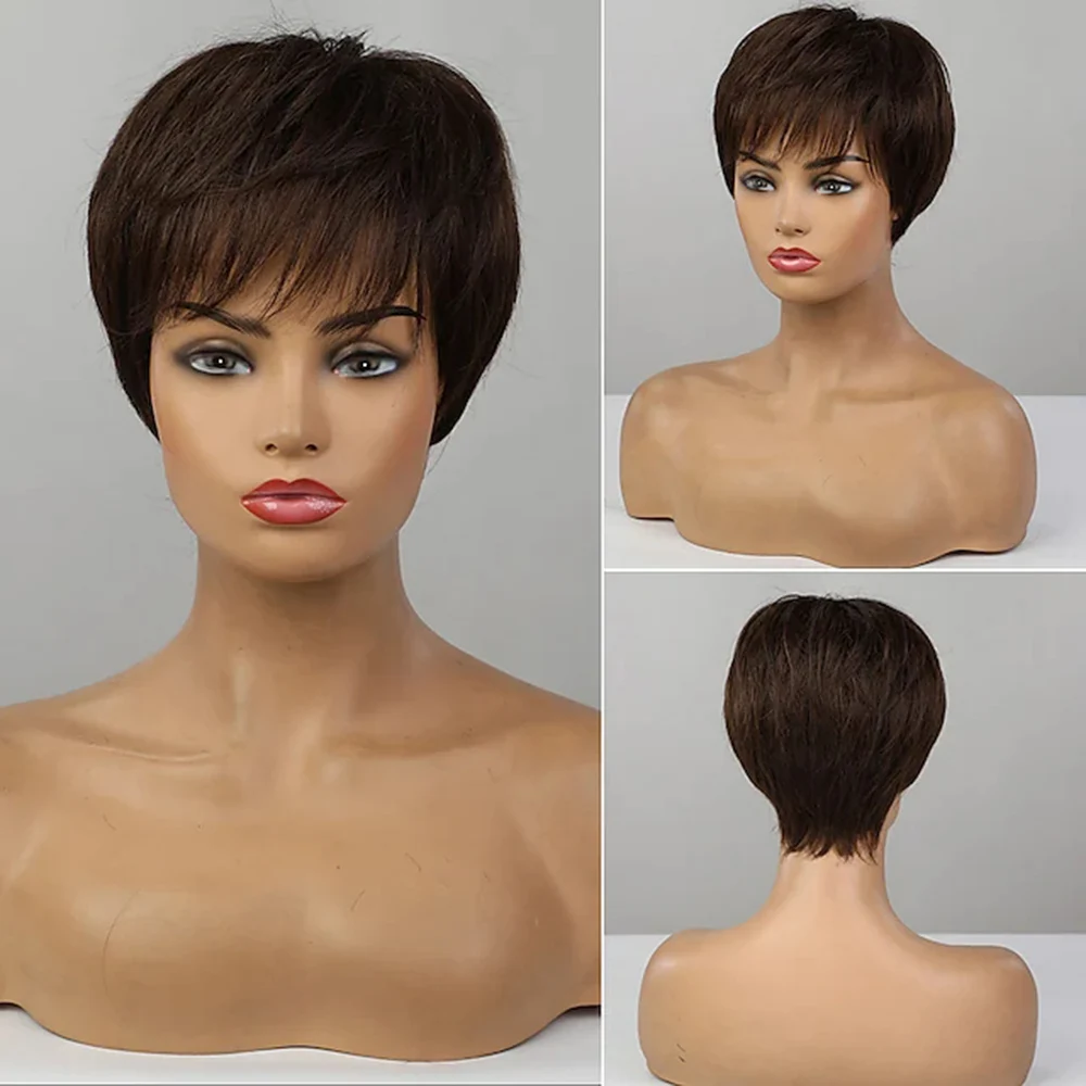 

50% human hair & 50% high quality synthetic Wig Brown short straight Asymmetrical Side Part With Bangs Blonde Women