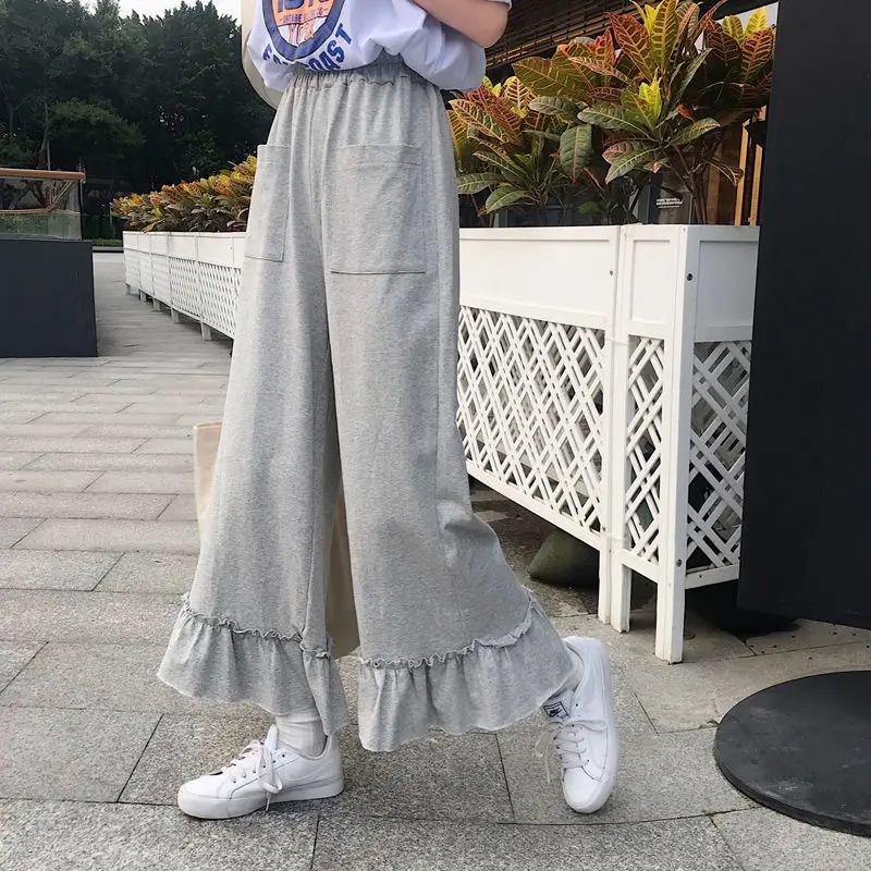 

MINGLIUSILI Spring 2021 Fashion Splice Flare Pants Women Korean Style Loose Casual Trousers High Waist Solid Women Clothing