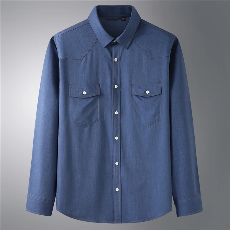 

Мужская однотонная джинсовая рубашка 10XL 8XL 6XL 5X с длинными рукавами, Классическая джинсовая деловая рубашка с карманами в стиле ретро, топы н...