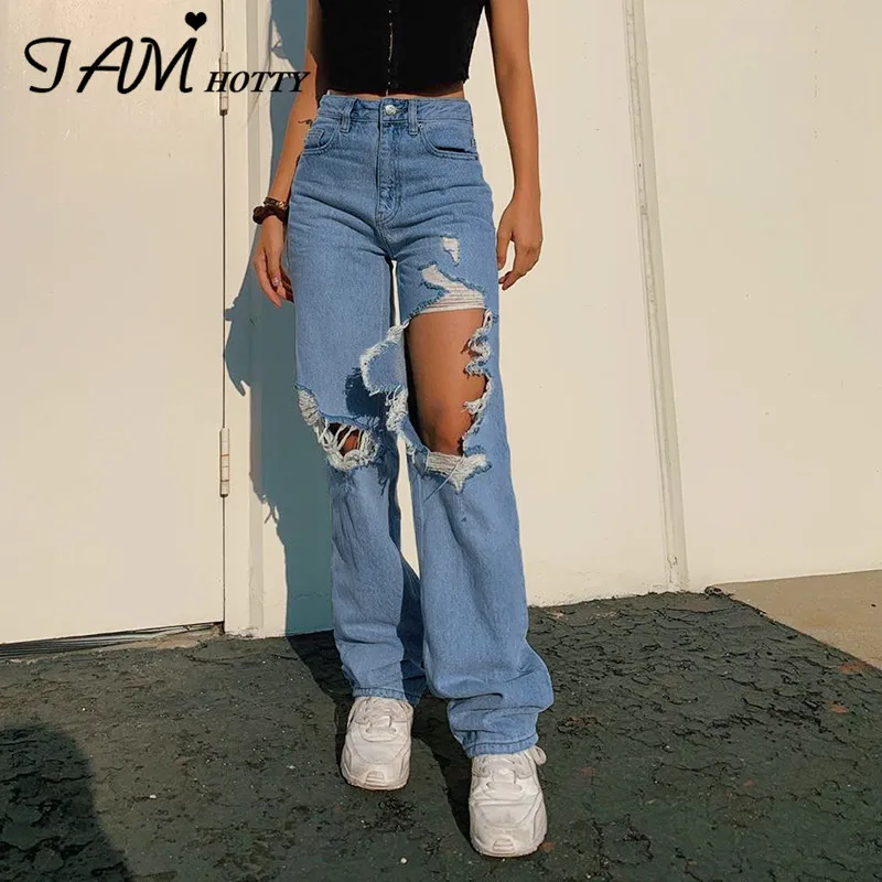 

Ripped Straight Women's jeans Baggy Vintage High Waist Boyfriends Mom y2k Denim Distressed Streetwear 2020 Female Iamhotty