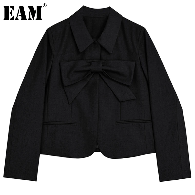 

[EAM] Women Gray Bow Spliced Short Blazer New Lapel Long Sleeve Loose Fit Jacket Fashion Tide Spring Autumn 2022 1DE3306