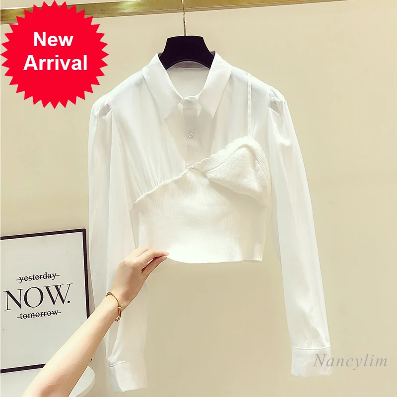 

Knitted Stitching Fake Two-Piece Long Sleeve Short Shirt Women Slim Fit High-Waist Blouse 2021 Autumn New Temperament Lady Tops