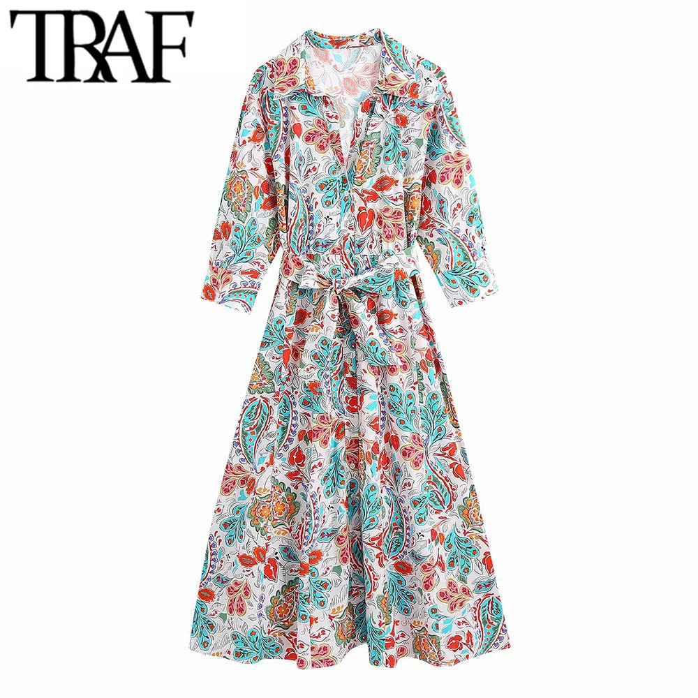 

Платье-рубашка средней длины с поясом и цветочным принтом