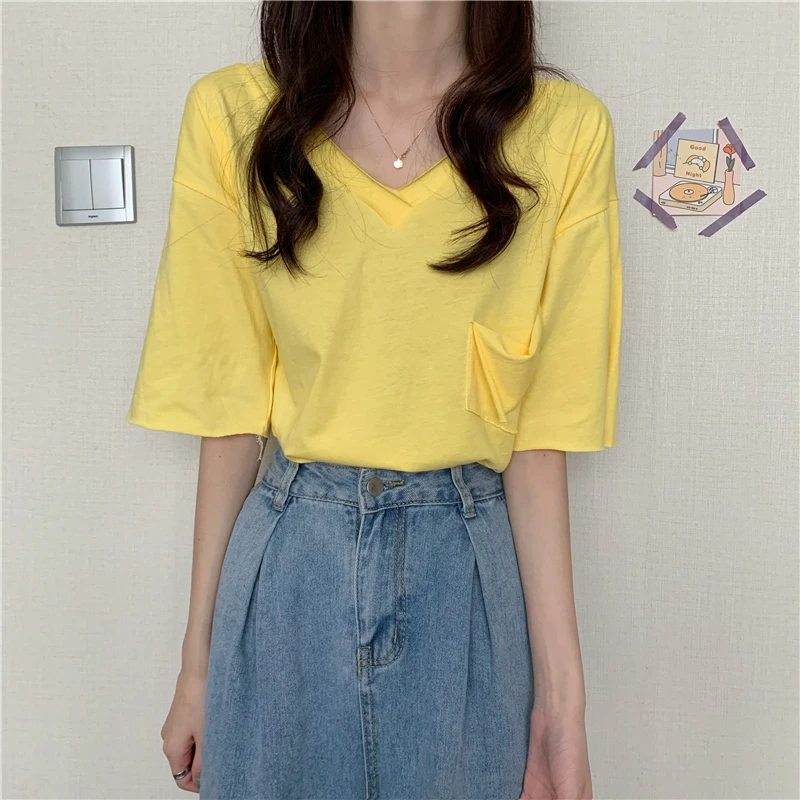 

Stowaulb Summer Oversize V-Neck 2021 Brief New Short-Sleeved Basewear Chic Loose Hot Tops Casual Prom Tee Retro T-shirts