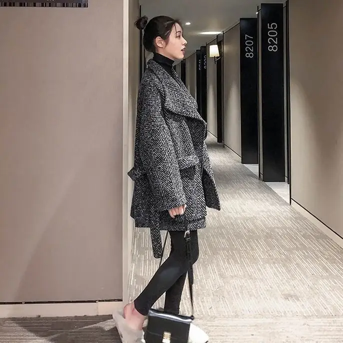 

Woolen Coat Women 's 2020 Autumn and Winter Korean Style Fashion Loose Herringbone Woolen Coat Lace -up