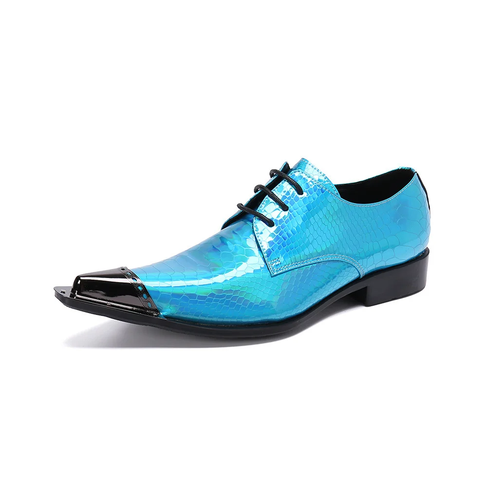 

Fashion Blue Genuine Leather Party Oxford Shoes Big Size Pointed Toe Brogue Shoes Bridegroom Wedding Dress Shoes Sapato Masculin
