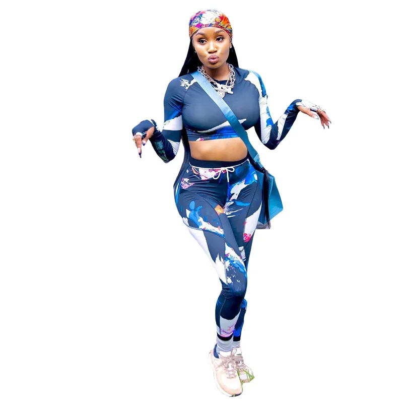 

New Women Two Piece Set Printed Long Sleeve Top and High Waist Pants Tight Sexy Casual Elastic Joggers Set Wholesale Dropshpping