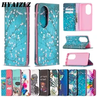 leather case for huawei p50 pro p30 p40 lite etui phone fundas cute painted flower wallet card solt kickstand full protect cover