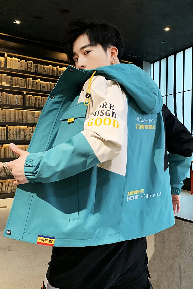 

2021 New Jacket Mens Zipper Buttons Caots Male Hooded Blazer Casual Streetwear Letter Print Clothing Pocket Fashion Trend Jacket