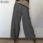 Элегантные однотонные брюки ZANZEA с высокой талией, модные весенние женские шаровары с широкими штанинами, Свободные повседневные брюки палаццо