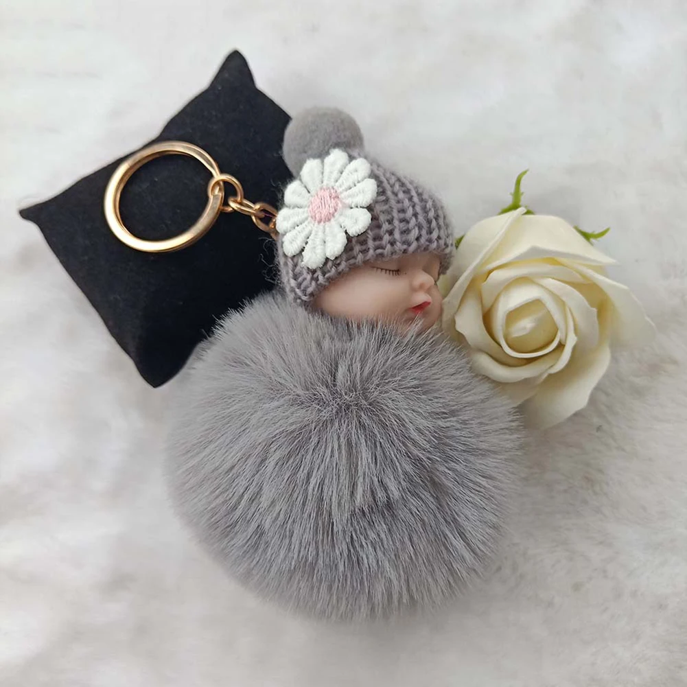 

Sleeping Baby Doll Ball Key Chain Car Keyring Holder Bag Pendant Charm Keychain Plush Fur New Cute Women Key Chains Pompom Dolls