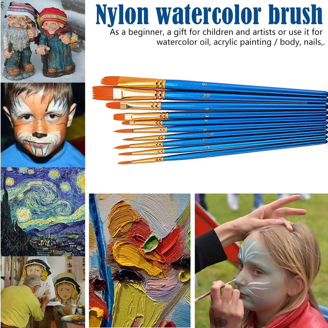 

Watercolor Gouache Paint Brushes Different Shape Round Pointed Tip Nylon Hair Painting Brush Set Art Supplies