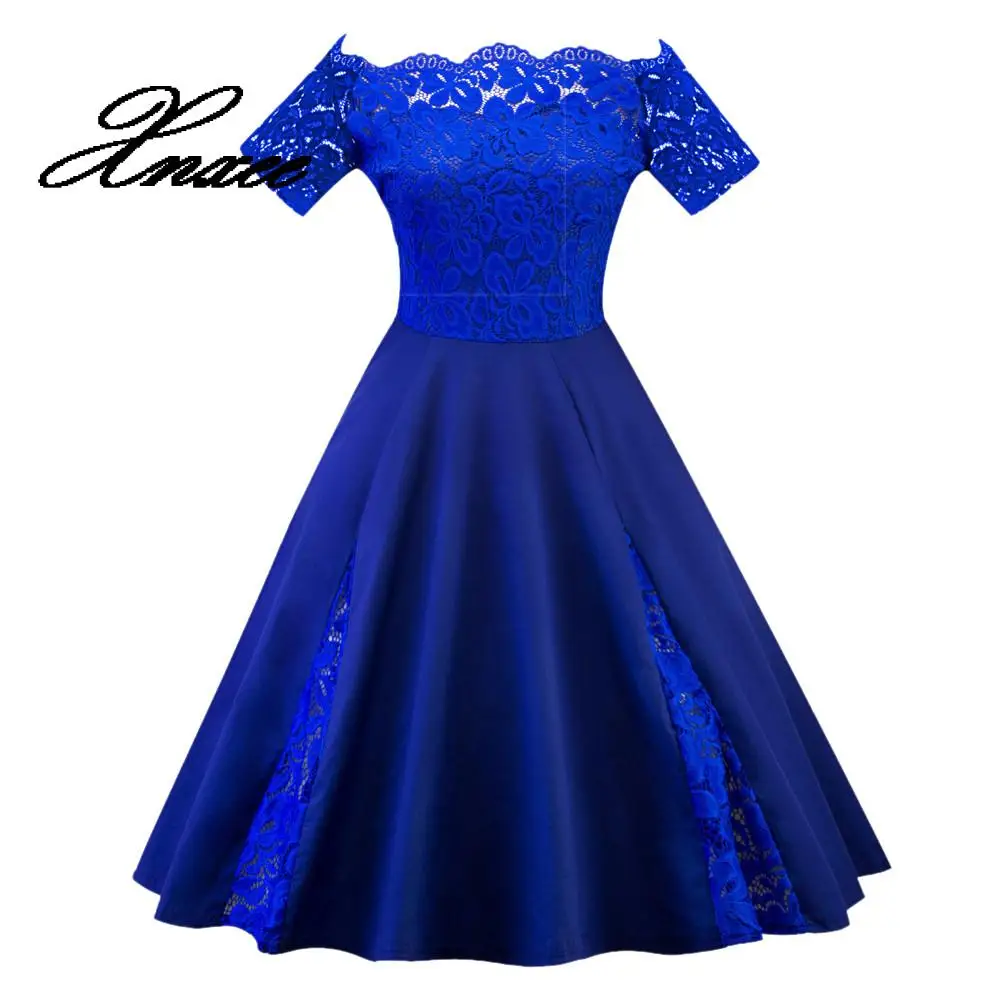 

Xnxee Women Plus Size Patchwork Short Sleeve Party Dress Lady pure color lace stitching sexy lace one-word shoulder dress XL-5XL