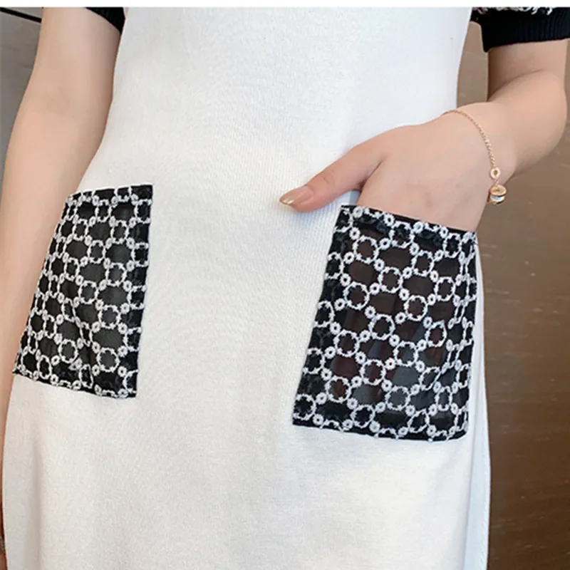 

Fashion Design Knitted Patchwork Dress Women Elegant Puff Sleeve Beading Bowknot Party Dress Female Pocket Autumn Dress