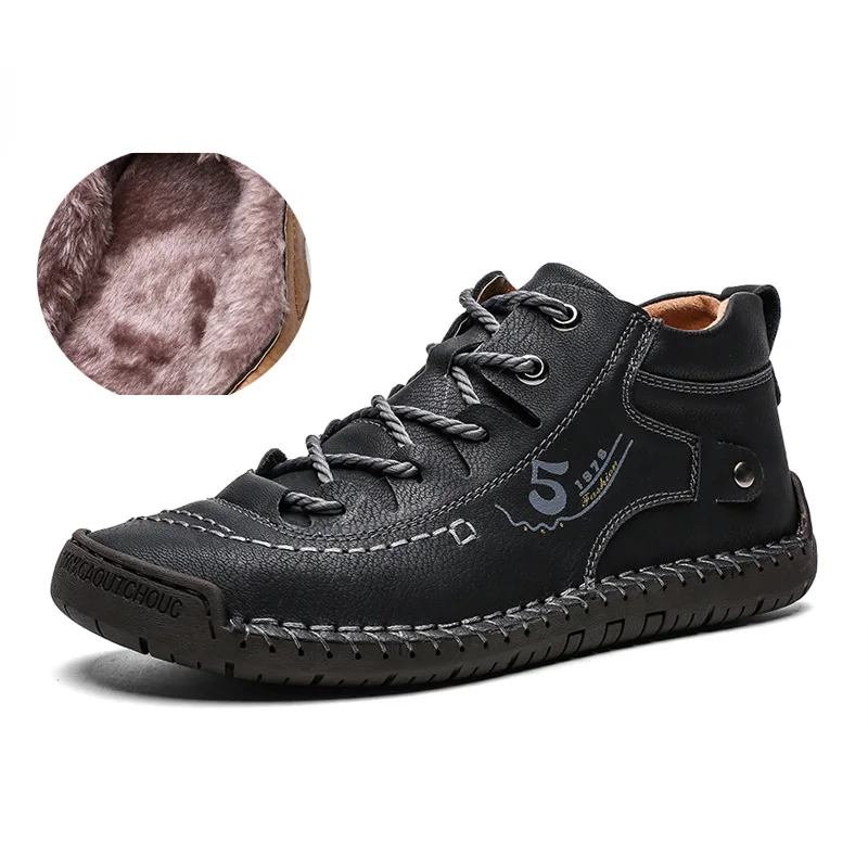 Plus Size Winter Men Shoes Casual Split Leather Shoes Men Loafers Super Comfort Snow Shoes Men Flats Hot Sale Moccasins Shoes - Color: Black with fur