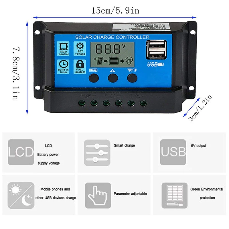 10 А 20 30 40 50 60 контроллер заряда солнечной батареи ШИМ 12 в 24 ЖК двойной USB PV домашняя