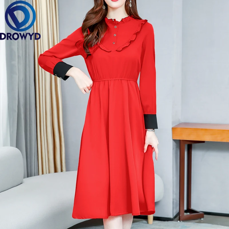 

Women Midi Dress Fashion Red Sexy O-neck Vintage Thin Long Sleeve Boho Ruffles Tropical Party Elegant Runway Dresses Vestidos