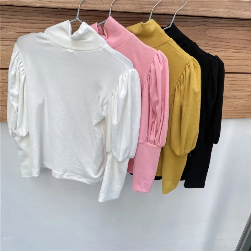 

Autumn Korean Style Girls High Collar Bottoming Cotton Casual All-Match Long Sleeve Leaf Side Bottoming Bubble Sleeves t-Shirt
