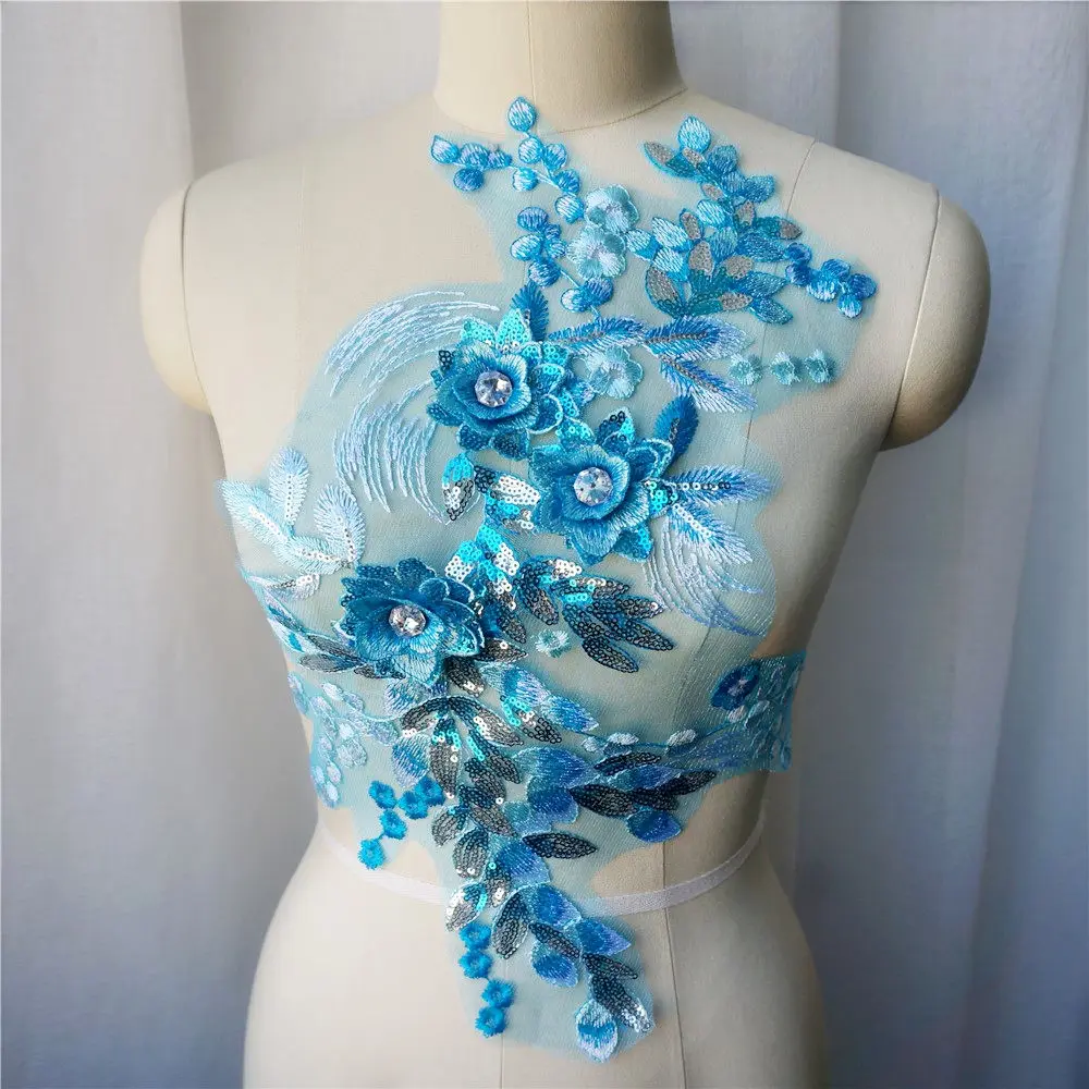 Небесно-Голубой 3D цветок кружевная ткань с серебряными блестками вышитое платье
